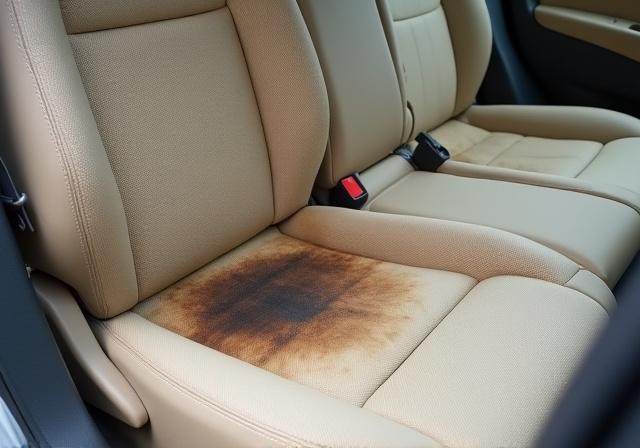 Sedile in tessuto beige con ampie macchie scure prima della pulizia