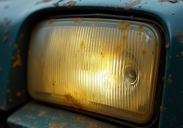 Faro anteriore di un'auto estremamente opaco e ingiallito