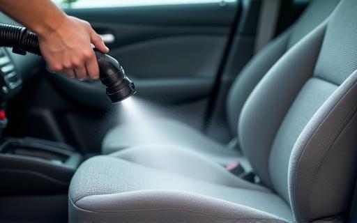Tecnico professionista che sanifica un sedile d'auto in tessuto utilizzando un pulitore a vapore, rimuovendo sporco e batteri