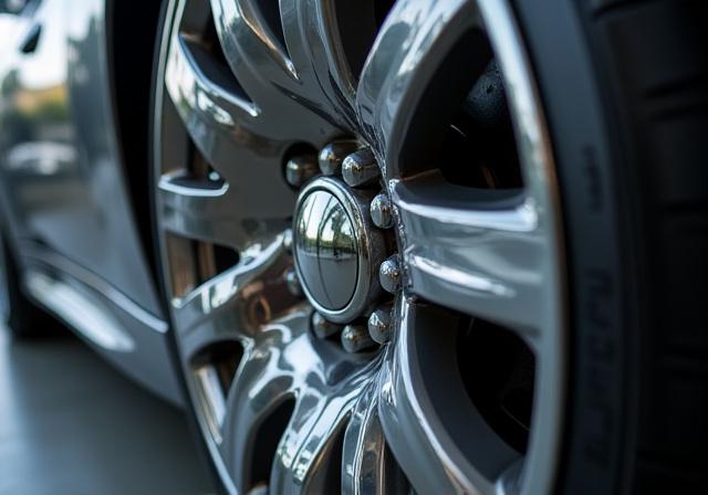 Cerchione di un'auto raffinato e brillantemente pulito, che riflette luci e forme circostanti