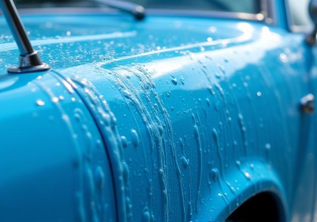 Auto scintillante dopo una profonda pulizia, con gocce d'acqua che scorrono sulla carrozzeria