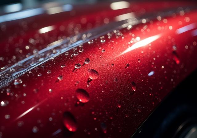 Effetto idrorepellente su una carrozzeria automobilistica che ha ricevuto un trattamento ceramico, con gocce d'acqua che scivolano via
